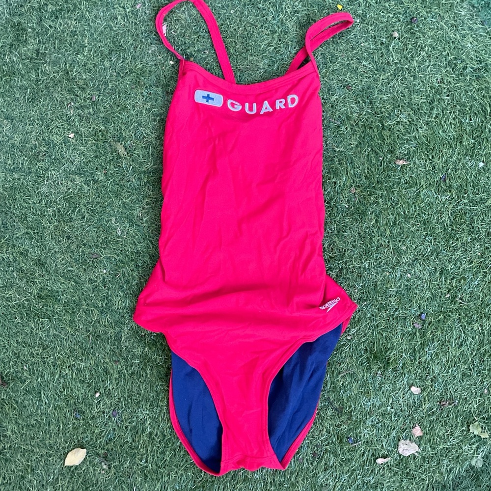 Speedo Red Life Guard Swimsuit with Blue Lining Size 38 (M/L)